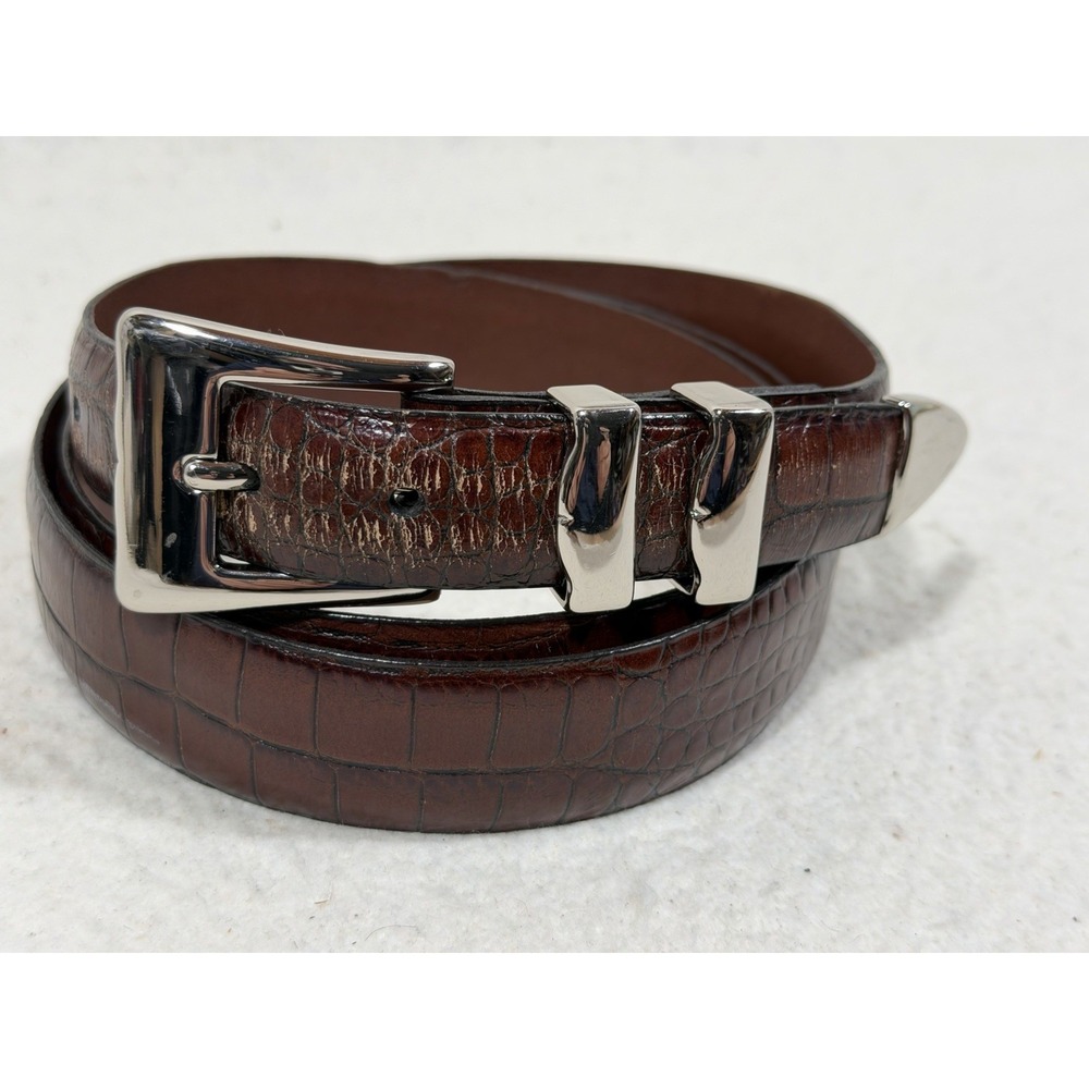 Torino Calfskin Croc Embossed Belt Brown Leather Dress Italian Quiet Luxury 46